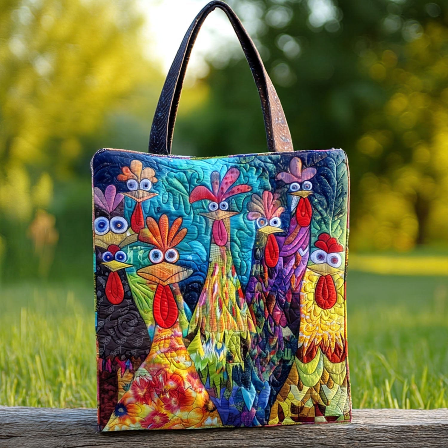 Whimsical Chickens Quilted Tote Bag Patchwork Tote Bag Chicken Lover Presents - Image 3