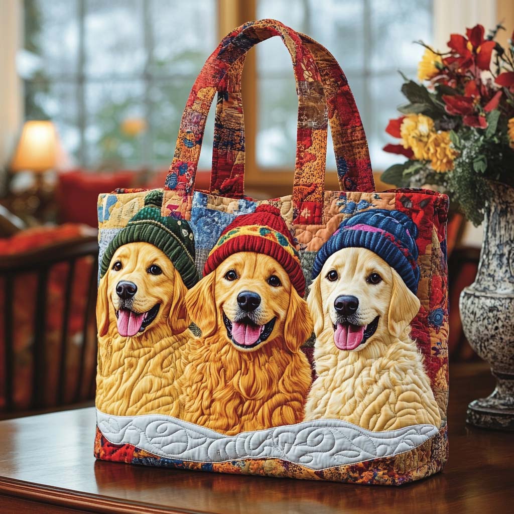 Winter Glow Quilted Tote Bag Shoulder Bag Vintage Presents For Golden Retriever Owners