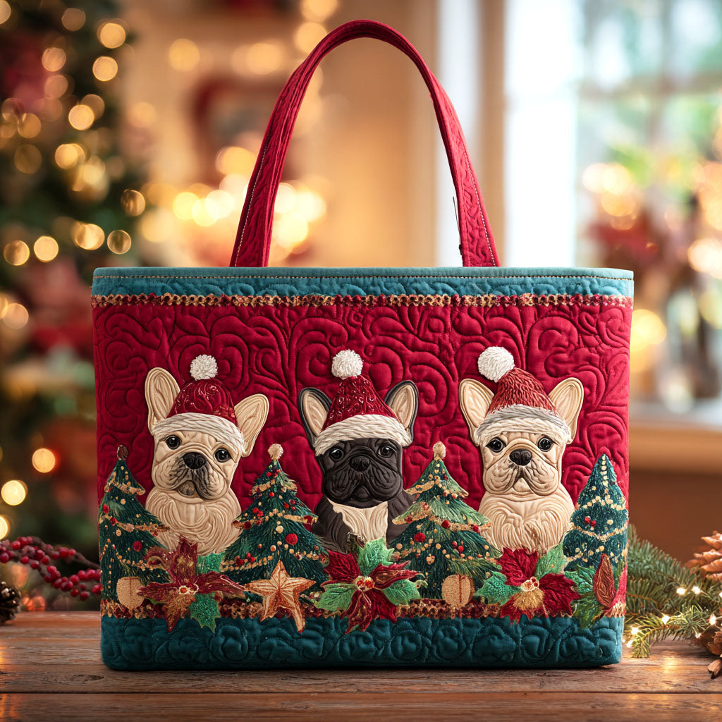 Winter Puppy Cheer Quilted Tote Bag Best Shoulder Bags For Everyday Frenchie Lovers Gifts