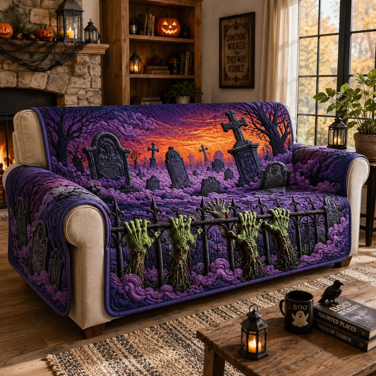 Zombie Hands Graveyard Sunset Quilted Sofa Cover Spooky Halloween Graveyard Decor Horror Gift