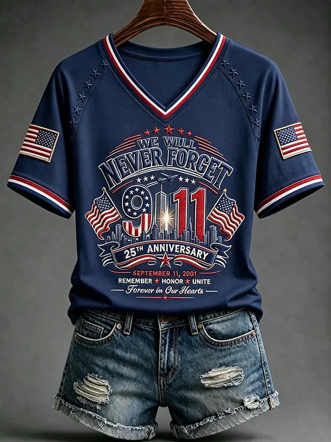 911 25Th Anniversary Never Forget V-Neck Shirt Patriot Day Clothing 9 11 Tribute Gifts - Image 2