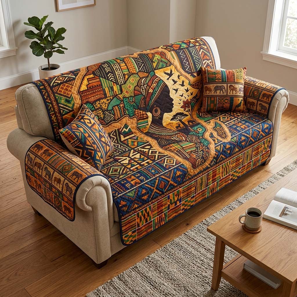 Africa Legacy Quilted Sofa Cover Vintage Africa Couch Cover Unique Gift