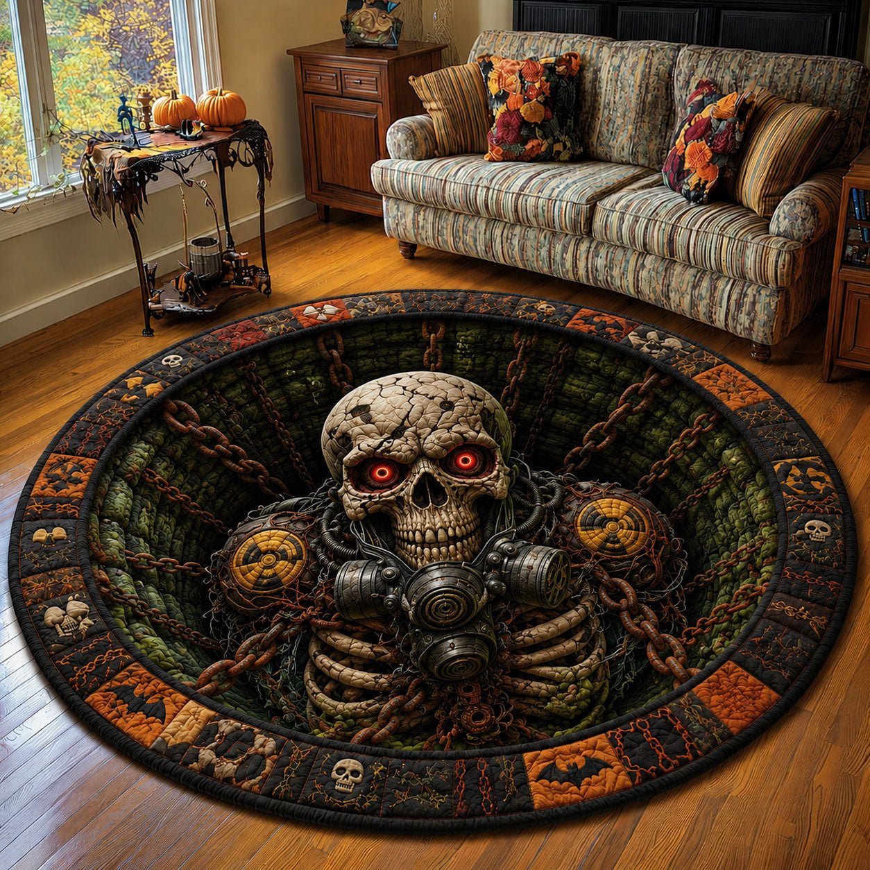 Apocalyptic Gas Mask Skeleton Halloween Quilted Round Mat Halloween Skull Chains Round Rug