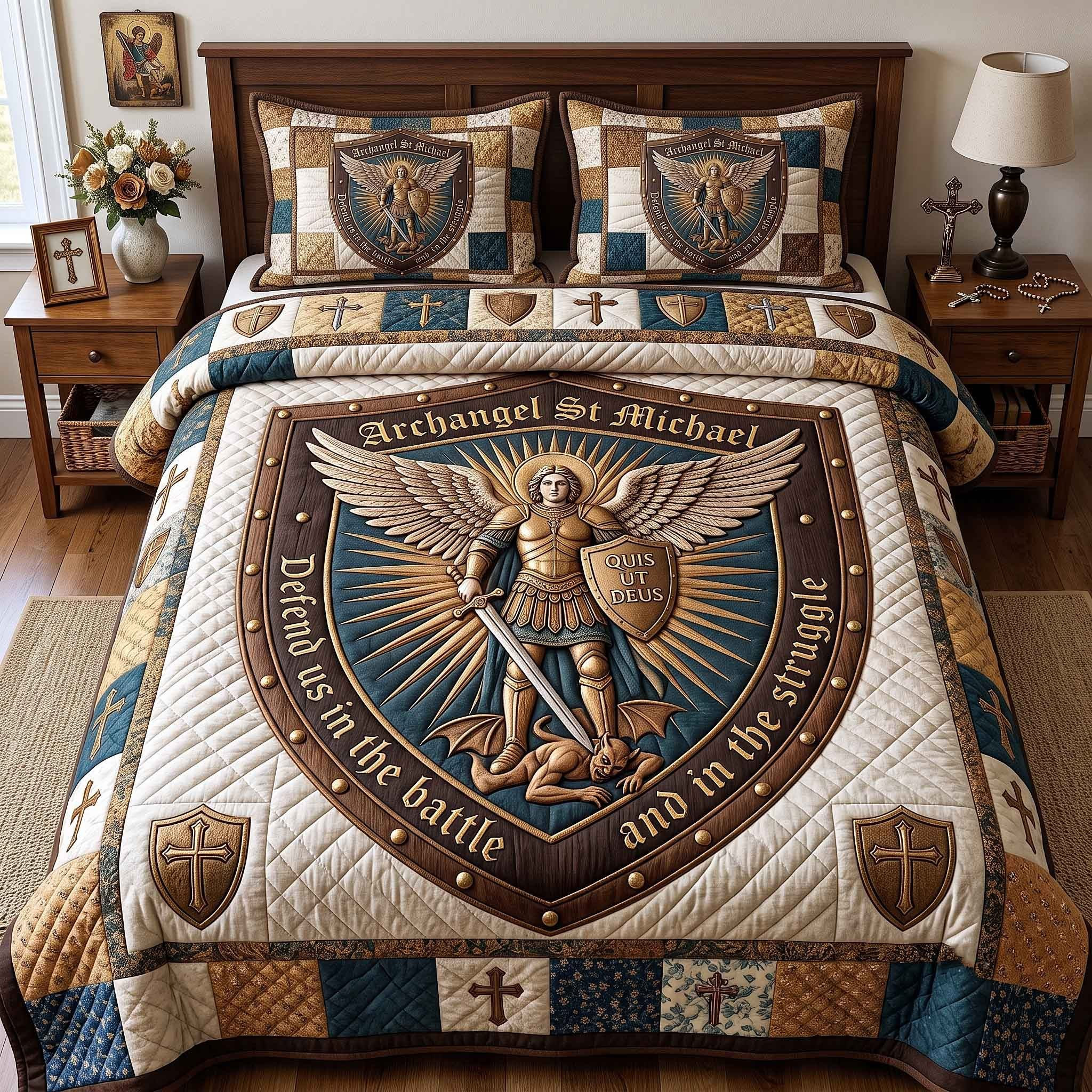 Archangel St Michael Quilt Bedding Set Divine Protection Home Decor Religious Gift