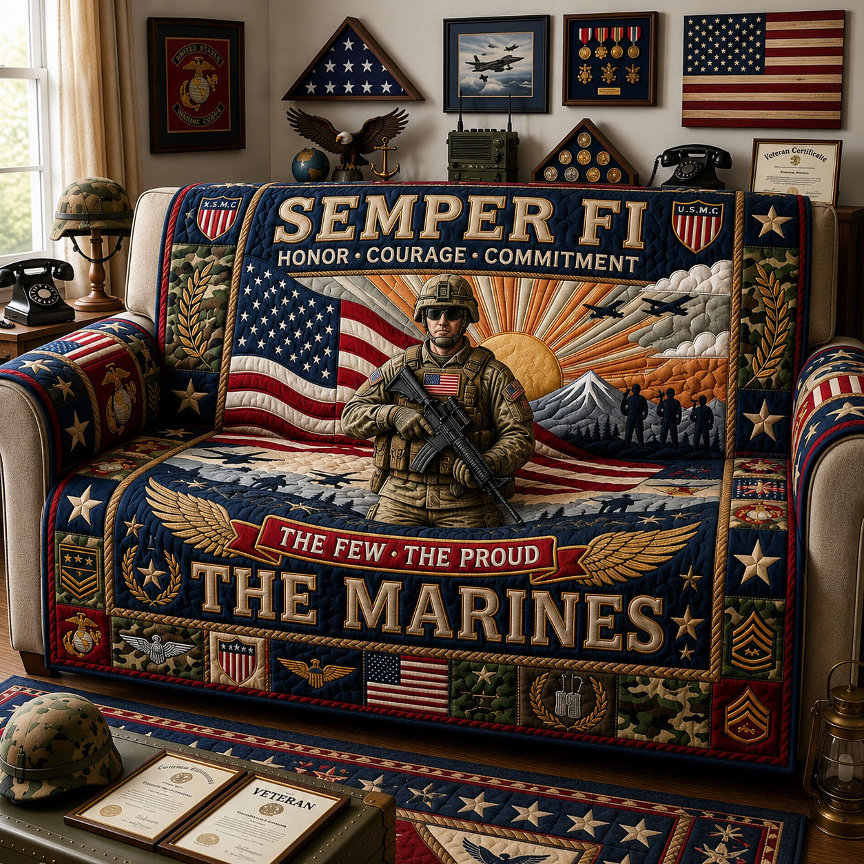 Army Veteran Quilted Sofa Cover Veteran Service Couch Cover Present For New Home