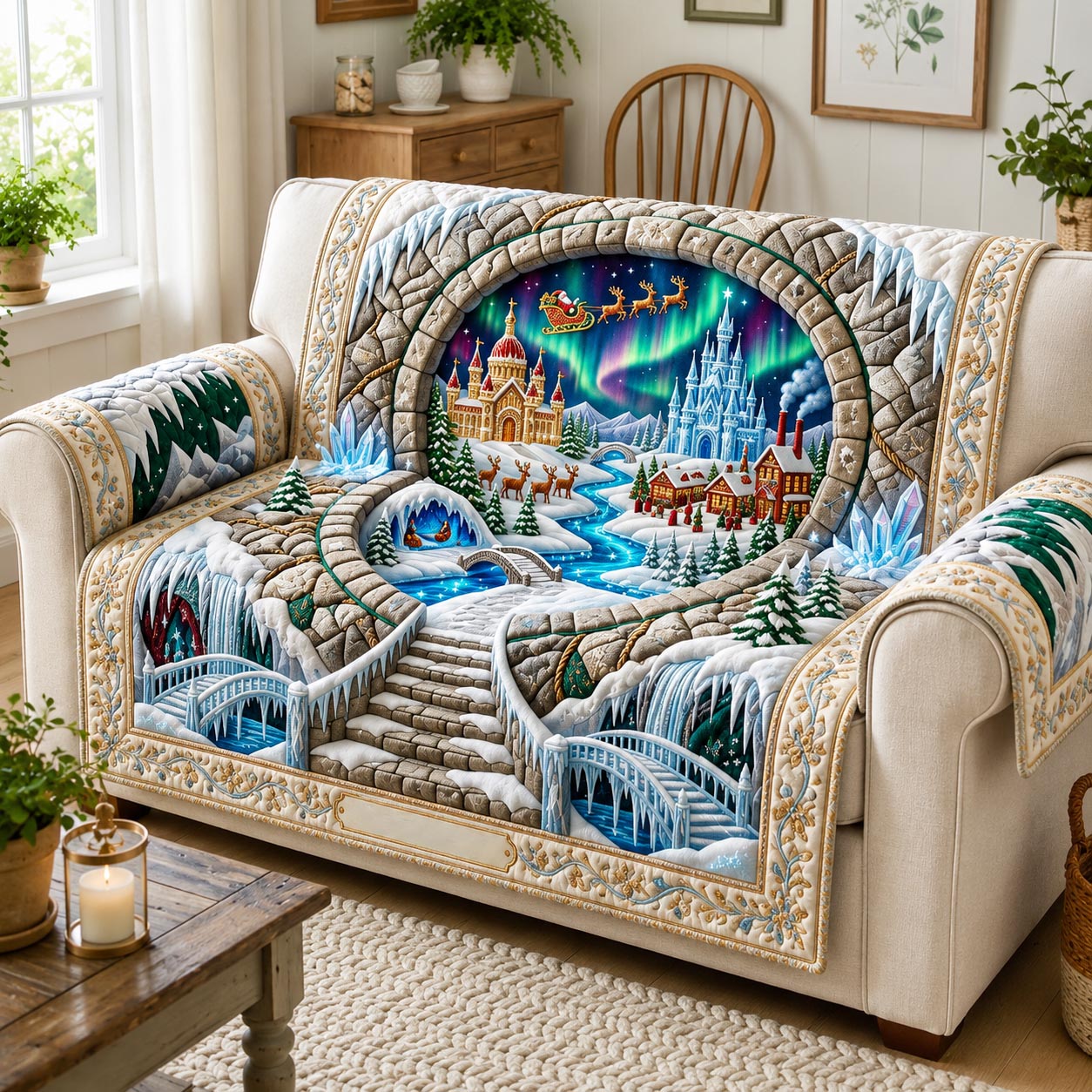 Aurora Village Throw Quilted Sofa Cover Snowy Village Couch Cover Home Gift