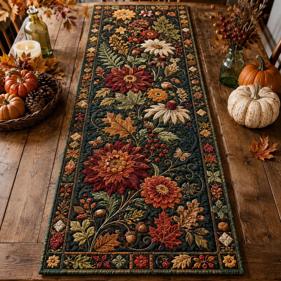 Autumn Floral Linen Quilt Table Runner Thanksgiving Decor Merch Gift For Autumn