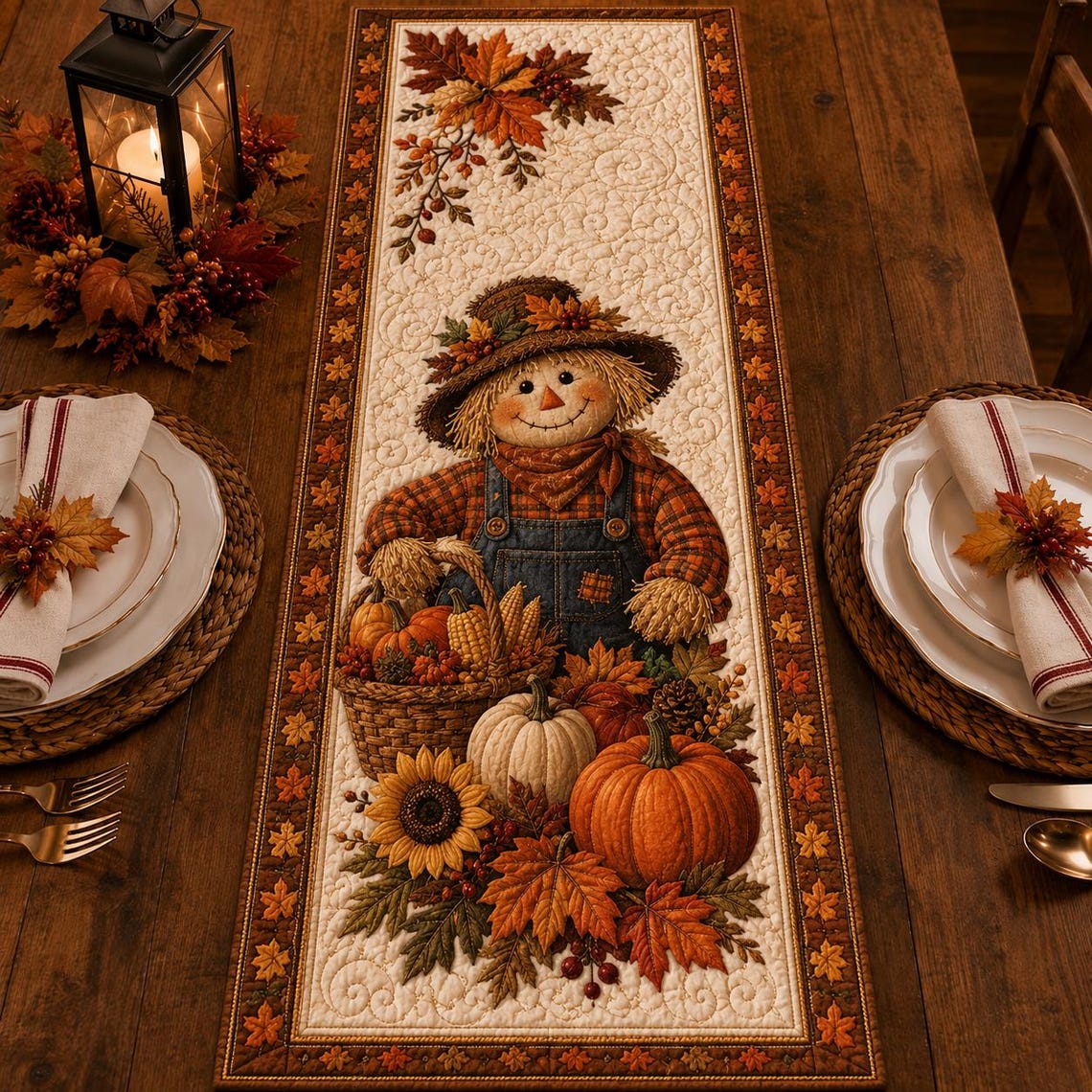 Autumn Floral Pumpkins Quilt Table Runner Farmhouse Thanksgiving Merch Gift For Fall
