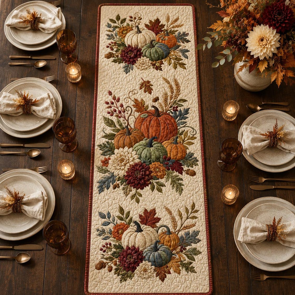 Autumn Floral Pumpkins Quilt Table Runner Rustic Farmhouse Merch Gift For Autumn
