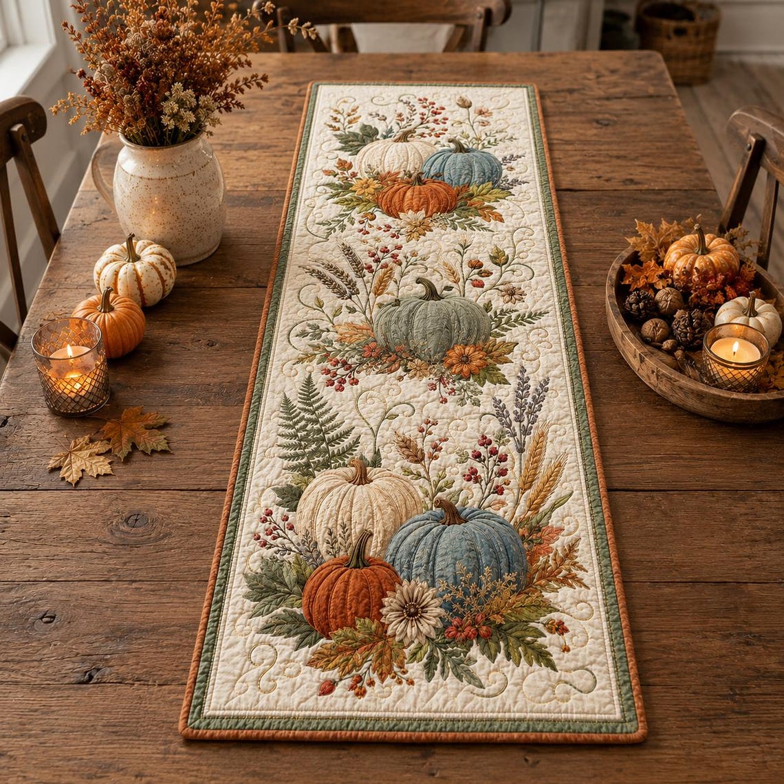 Autumn Harvest Pumpkin Quilt Table Runner Thanksgiving Farmhouse Merch Gift For Autumn