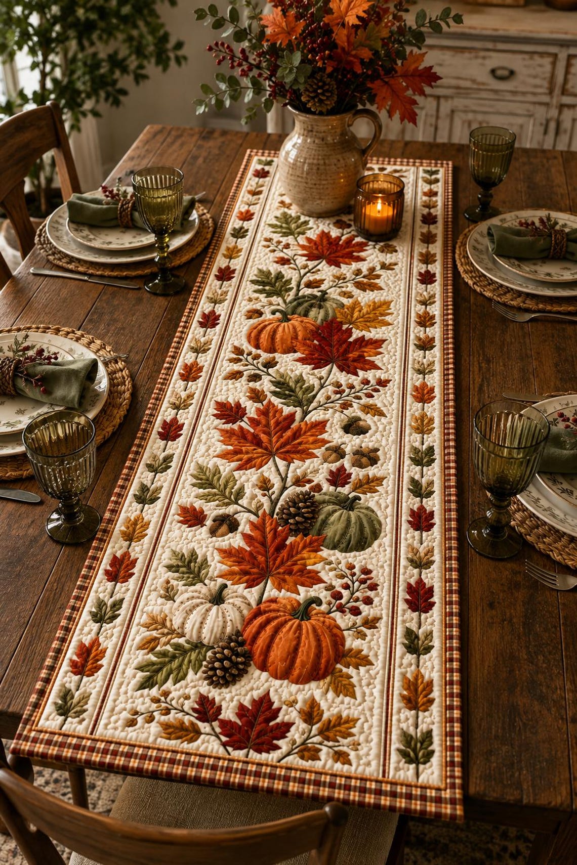 Autumn Harvest Pumpkin Quilt Table Runner Thanksgiving Farmhouse Merch Gift For Fall
