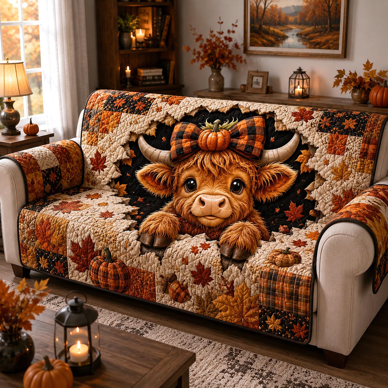 Autumn Highland Quilted Sofa Cover Highland Charm Couch Cover Room Decor Gift Ideas