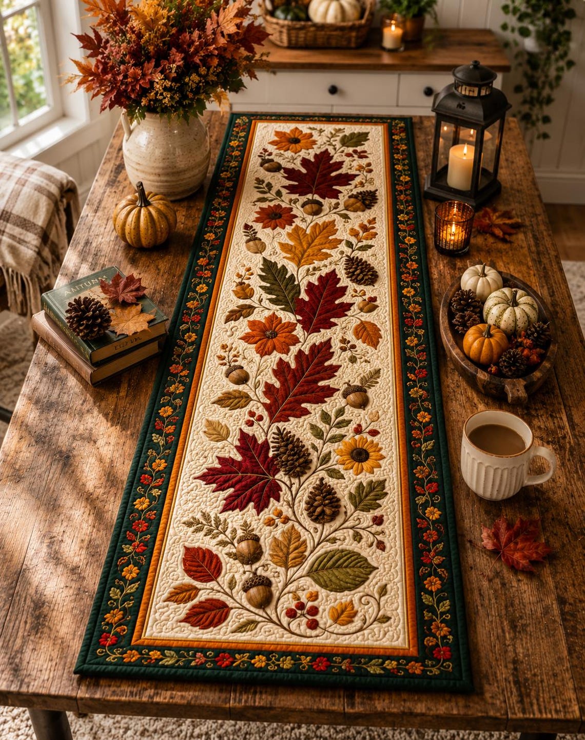 Autumn Leaves Quilt Table Runner Fall Farmhouse Thanksgiving Merch Gift For Families