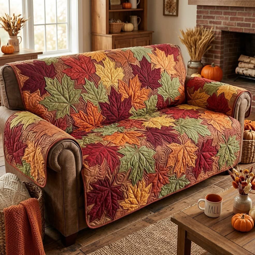 Autumn Maple Leaves Quilted Sofa Cover Thanksgiving Home Decor Best Gift Ideas