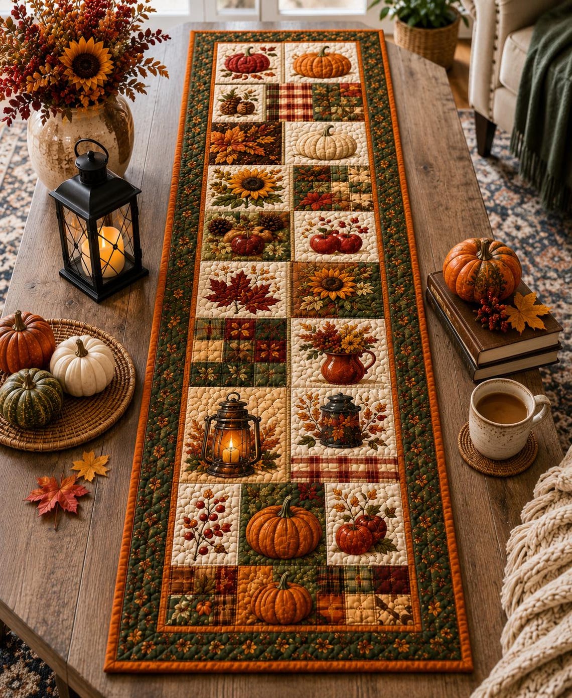 Autumn Patchwork Fall Quilt Table Runner Farmhouse Thanksgiving Merch Gift For Men