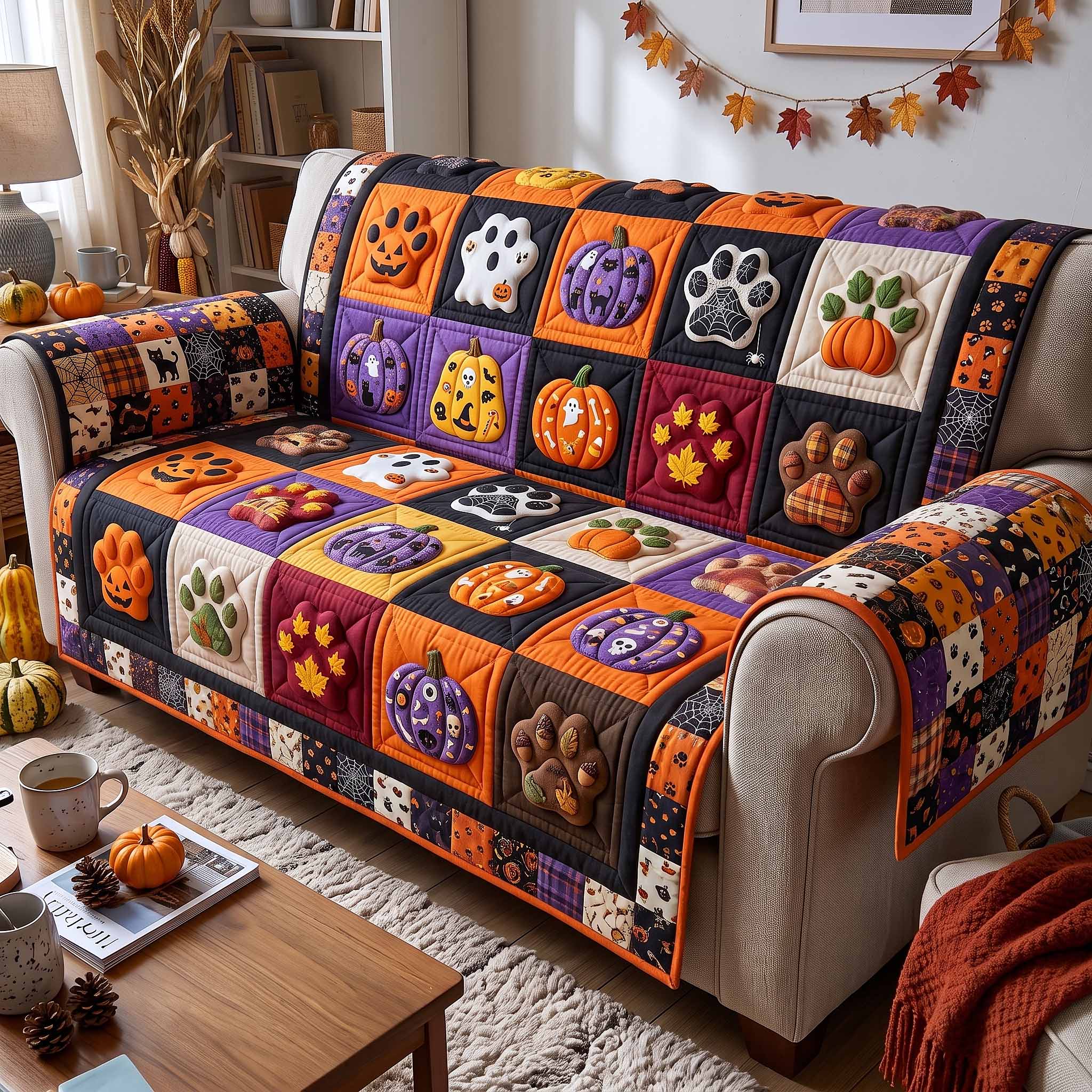 Autumn Pawprints Quilted Sofa Cover Pawprint Charm Couch Cover Ideas Gift