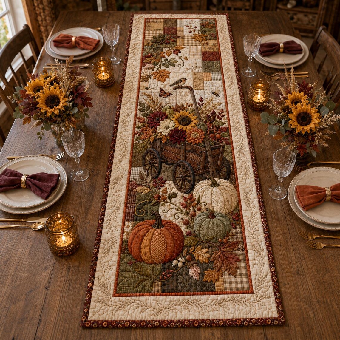 Autumn Pumpkin Cart Quilt Table Runner Harvest Decor Merch Gift For Families