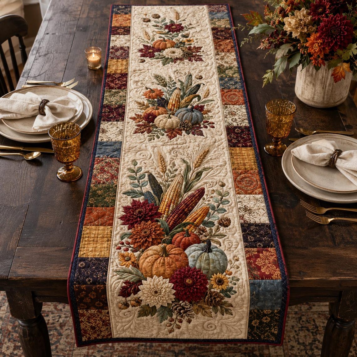 Autumn Pumpkin Patch Quilt Table Runner Thanksgiving Patchwork Merch Gift For Fall