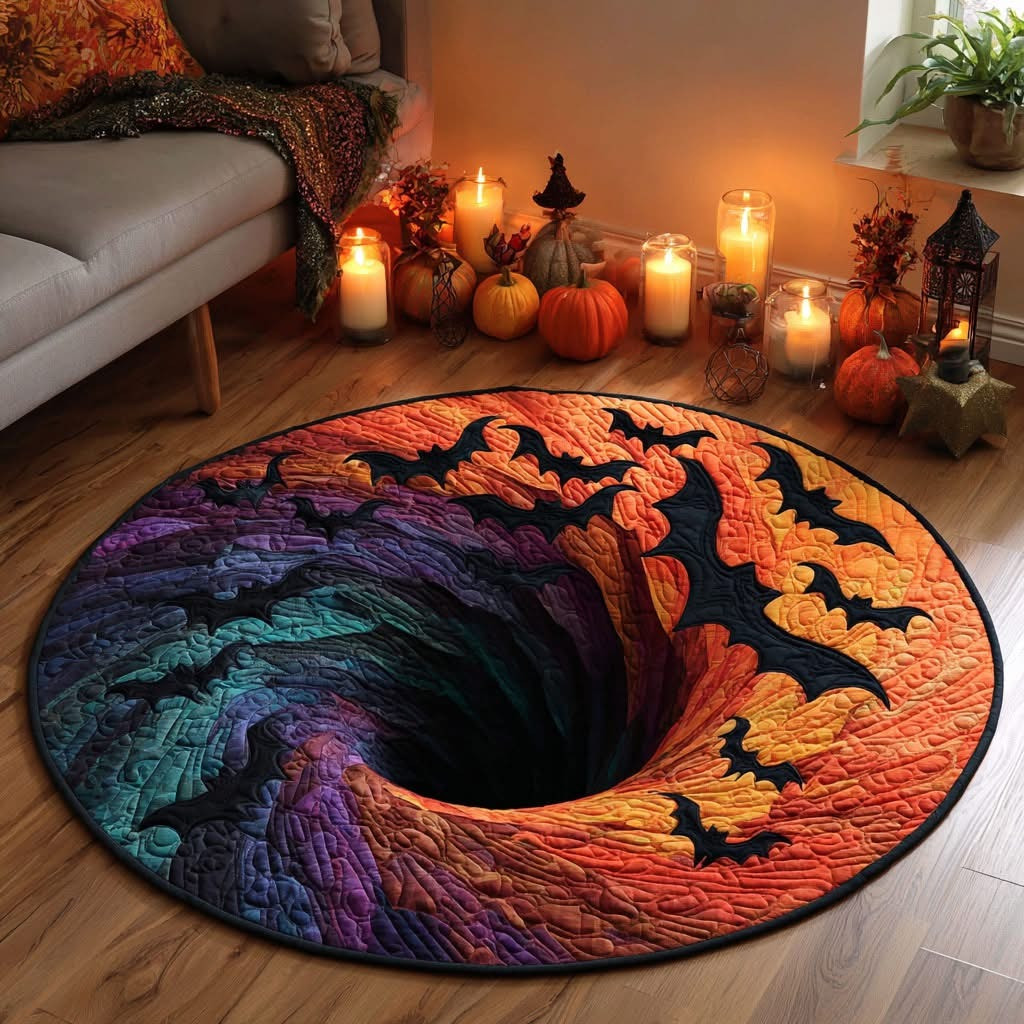 Bat Hellfire Flight Whirl Halloween Quilted Round Mat Swirl Spooky Vortex Halloween Rug