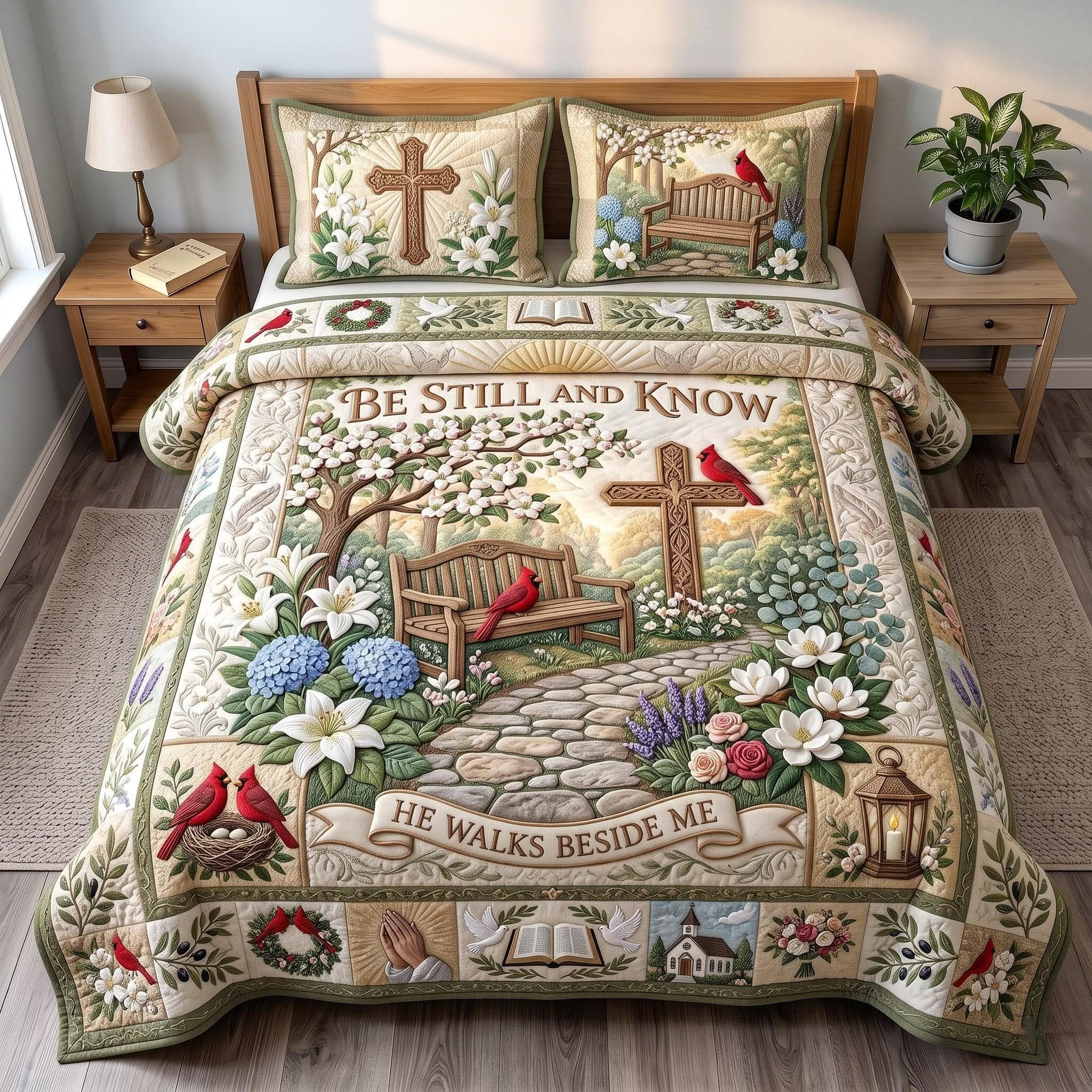 Be Still And Know He Walks Beside Me Quilt Bedding Set Red Cardinal Cross Floral Bedroom Decor Best Gift