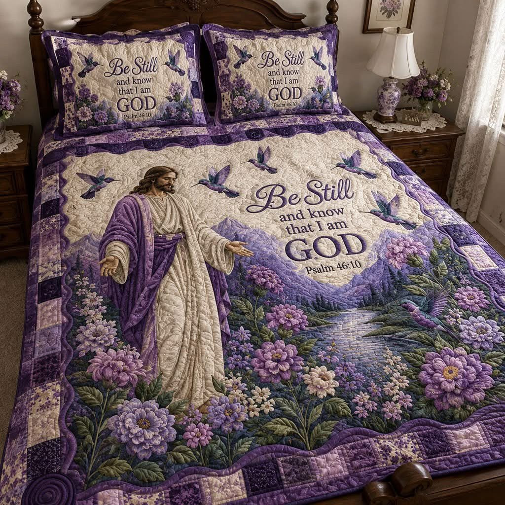 Be Still And Know That I Am God Quilt Bedding Set Jesus Psalm 46 10 Purple Floral Bedroom Decor Gift