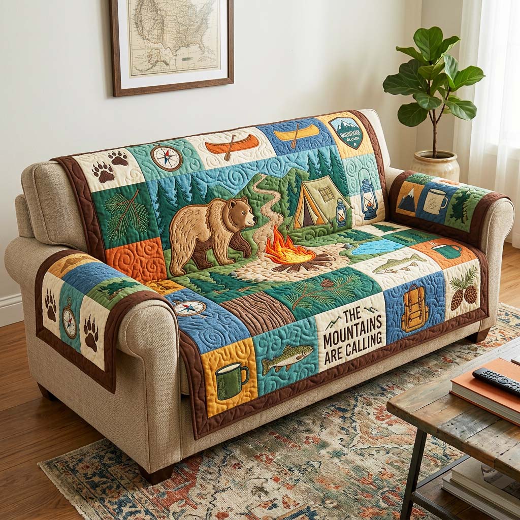Bear Camp Quilted Sofa Cover Woodland Bear Couch Cover Trendy Room Decor