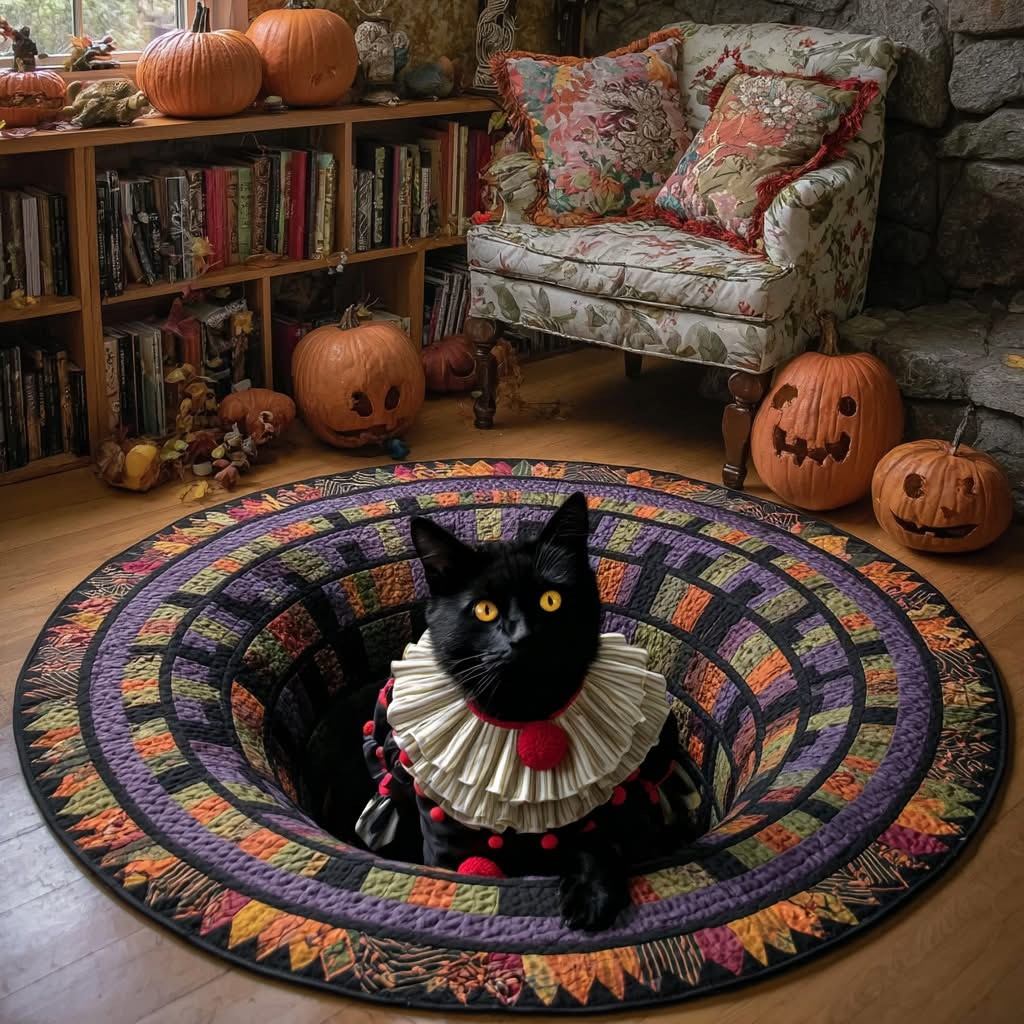 Black Cat Clown Shadows Halloween Quilted Round Mat Circle Rug Carpet Indoor House Decor