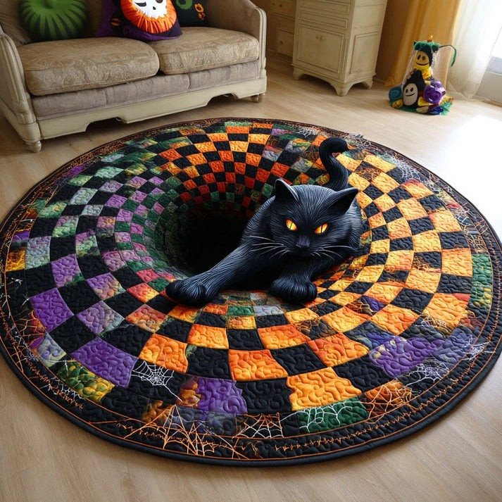 Black Cat Halloween Hollow Whirl Quilted Round Mat Funny Abyss Swirl Circle Rug Decorations