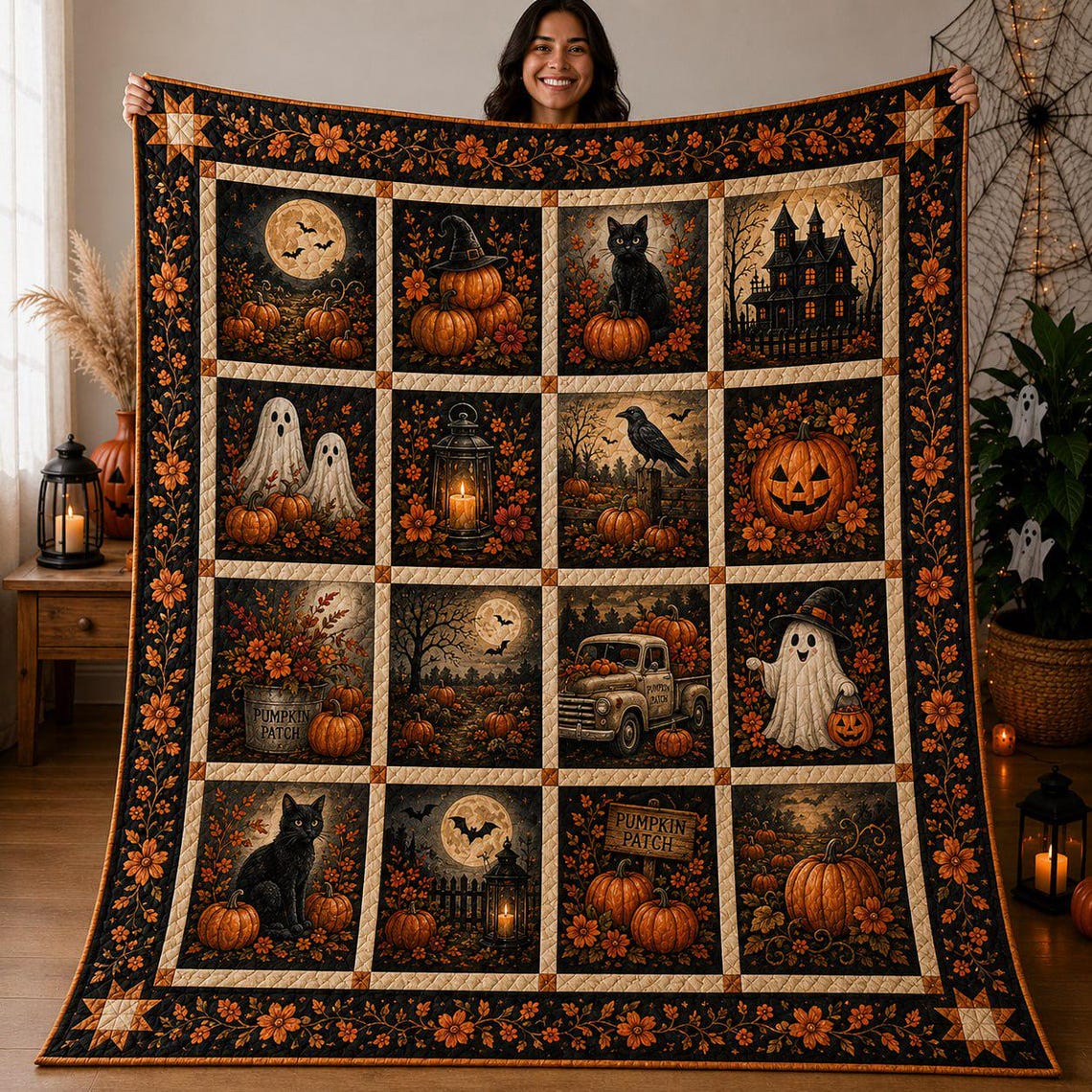 Black Cat Halloween Quilt Blanket Cute Ghost Pumpkin Patchwork Throw Home Decor Gift