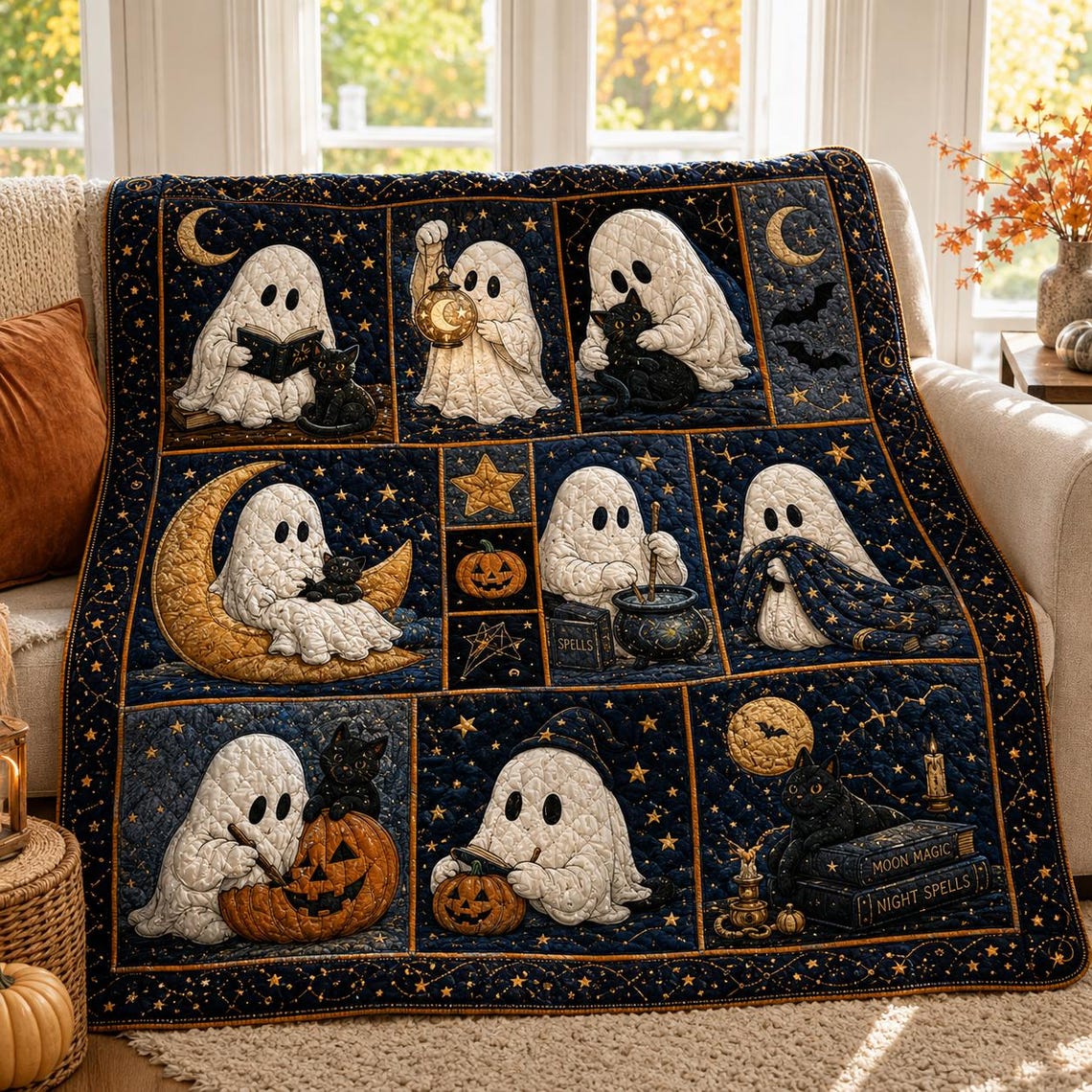 Black Cat Halloween Quilt Blanket Ghost Patchwork Throw Pumpkin Spice Fall Gift(1)