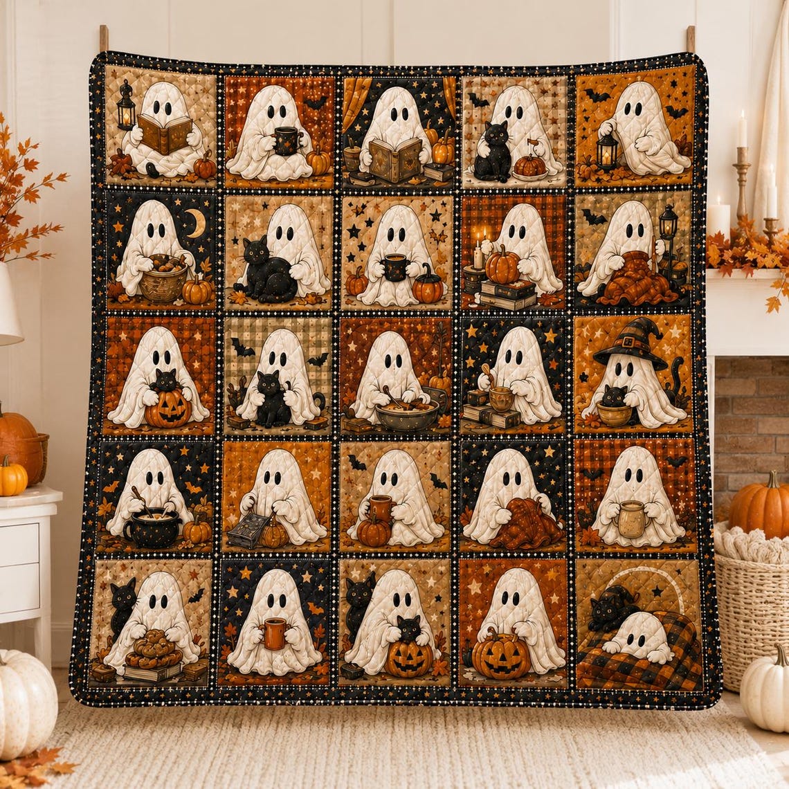 Black Cat Halloween Quilt Blanket Ghost Patchwork Throw Pumpkin Spice Fall Spooky Autumn Gift