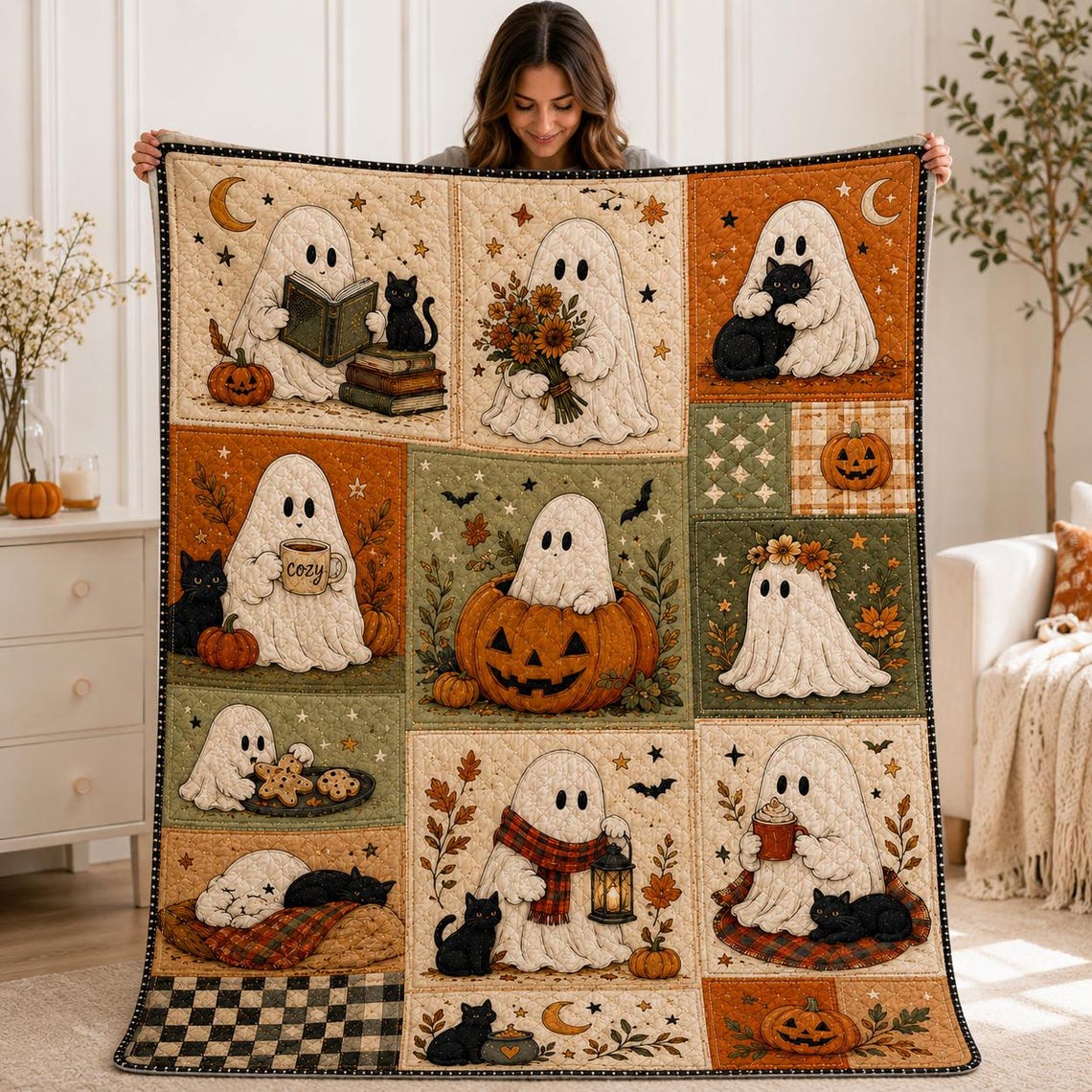Black Cat Halloween Quilt Blanket Ghost Patchwork Throw Pumpkin Spice Gift