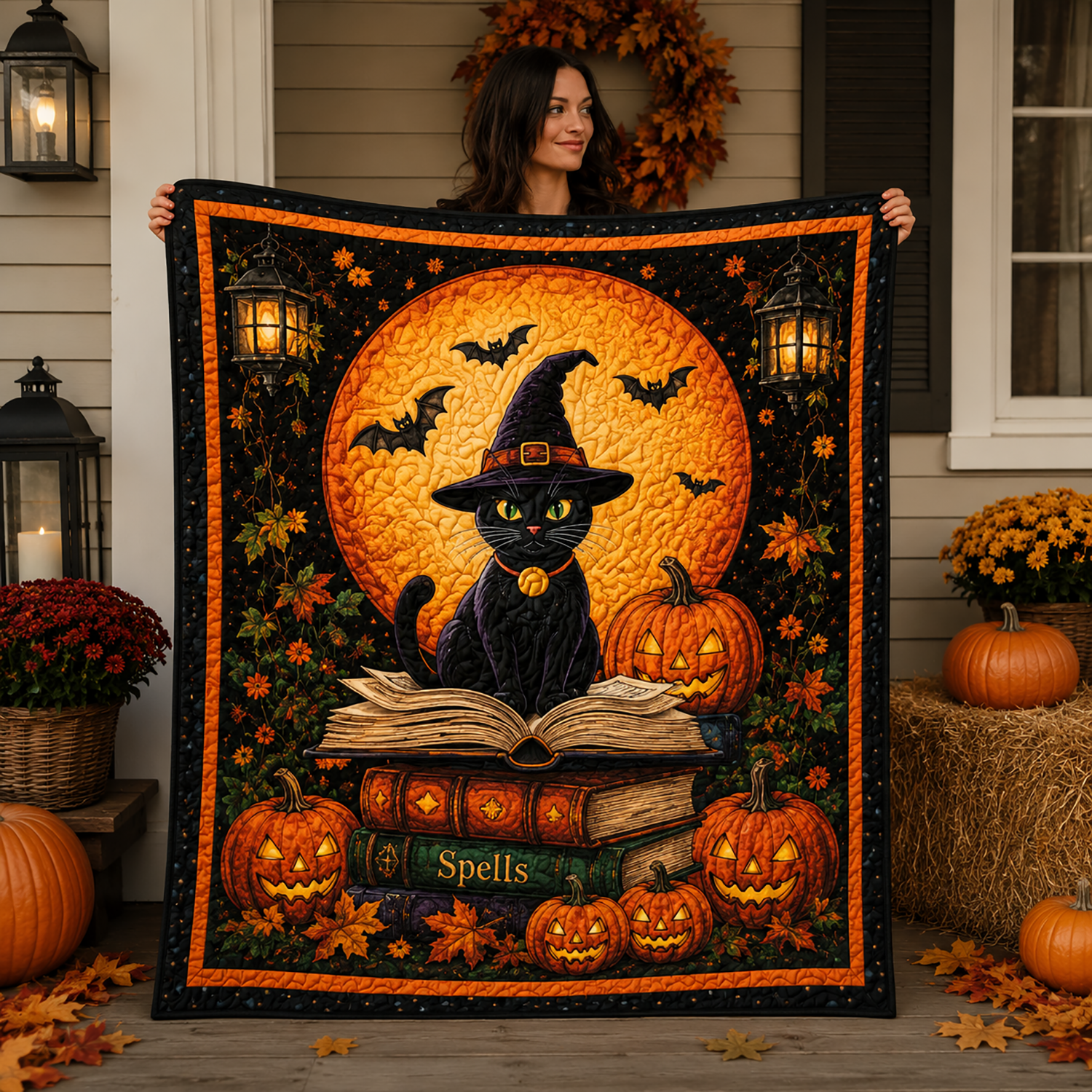 Black Cat Halloween Quilt Blanket Halloween Book Spooky Cat Patchwork Throw Halloween Gift