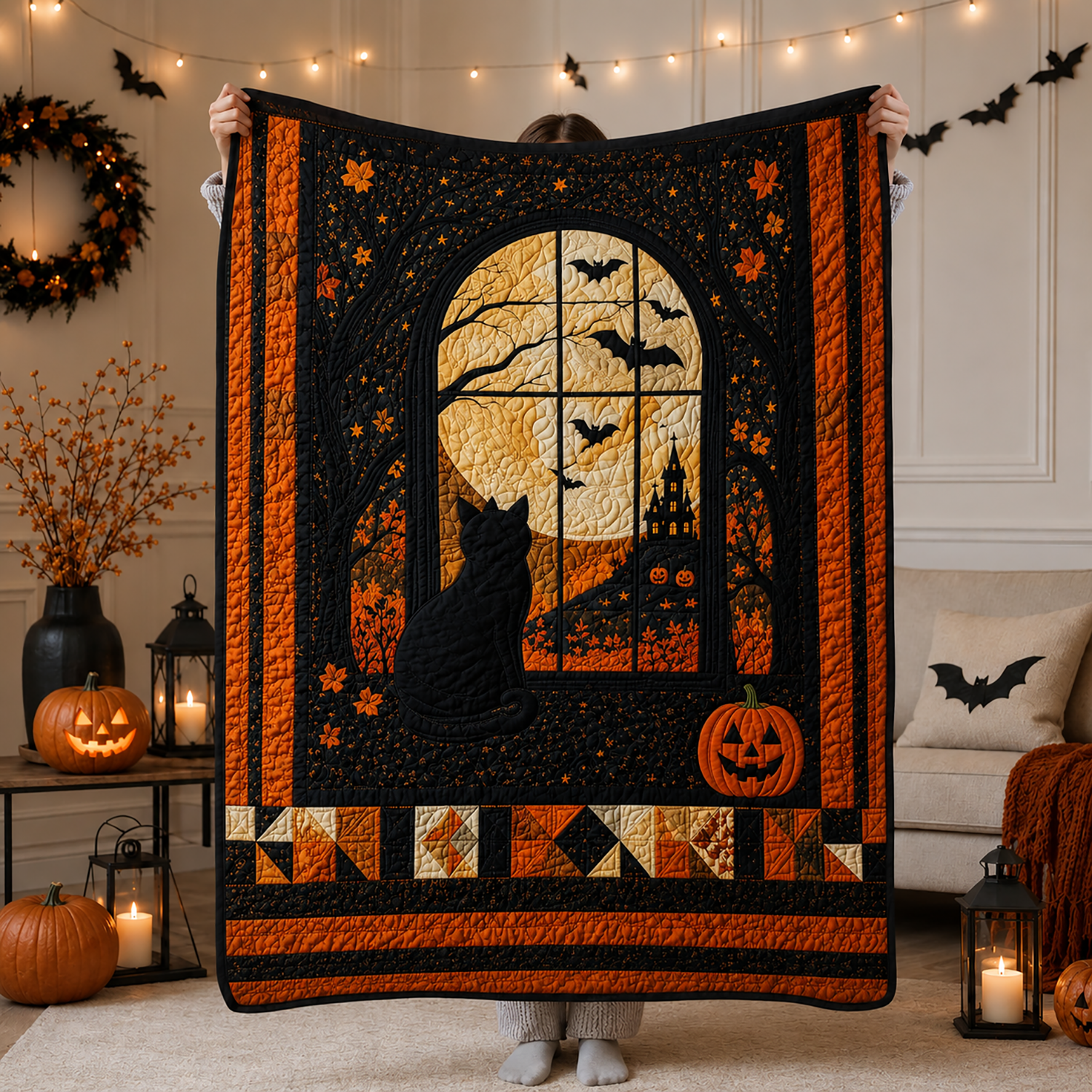 Black Cat Halloween Quilt Blanket Moon Window Cat Spooky Pumpkin Throw Halloween Gift Idea