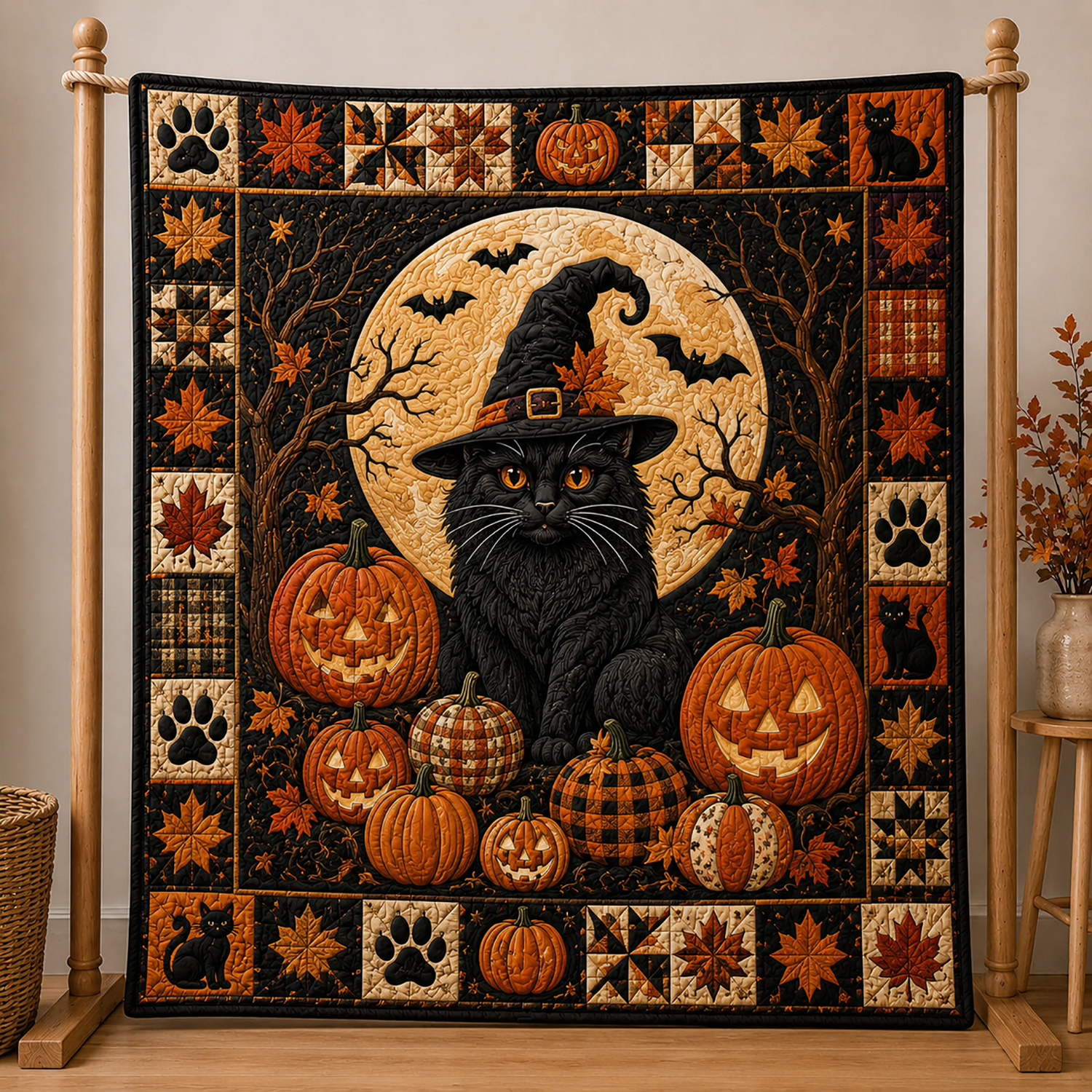 Black Cat Halloween Quilt Blanket Pumpkin Witch Ghost Throw Spooky Fall Gift For Decor
