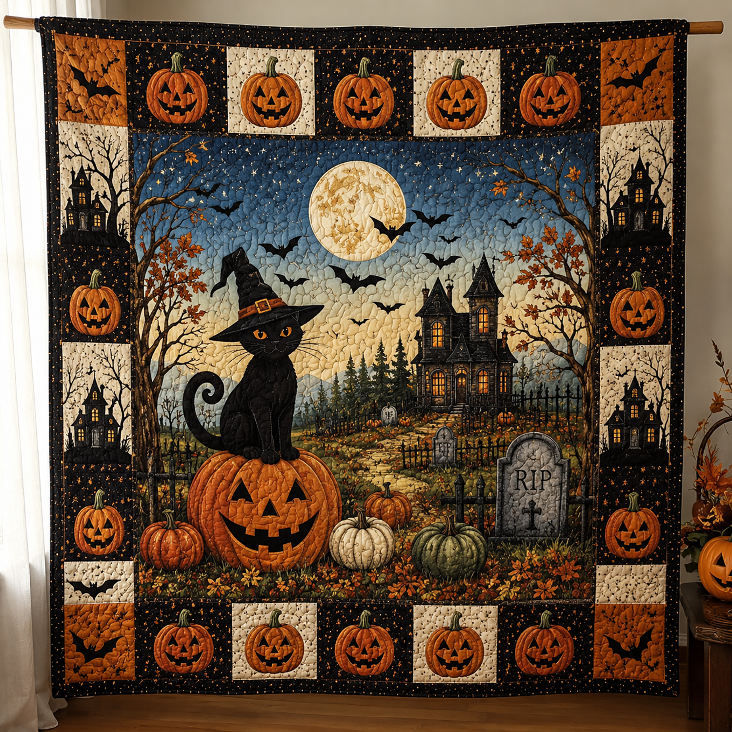 Black Cat Halloween Quilt Blanket Spooky Witch Cat Pumpkin Ghost Cat Throw Patchwork Decor Gift
