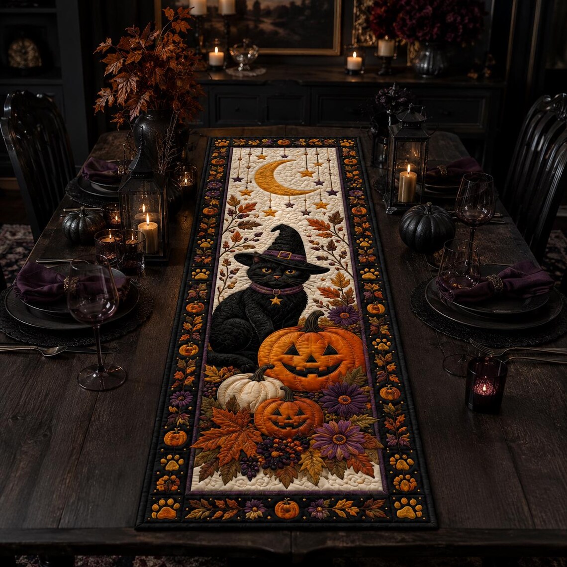 Black Cat Halloween Quilted Table Runner Pumpkin Witch Fall Merch Gift For Halloween