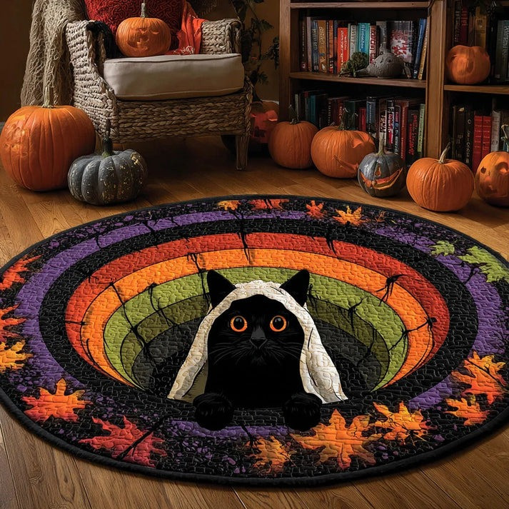 Black Cat Halloween Whirl Abyss Quilted Round Mat Autumn Fall Season Rug Decorations Gifts