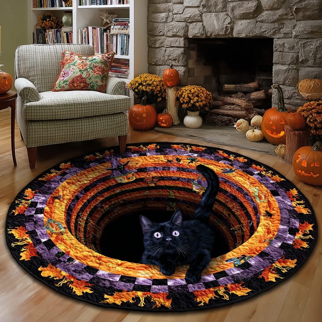 Black Cat Haunted Hollow Halloween Quilted Round Mat Funny Halloween Indoor Decorations