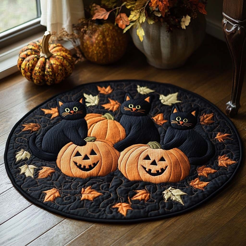 Black Cat Lantern Keeper Pumpkin Halloween Quilted Round Mat Rug Autumn Fall Themed Gifts