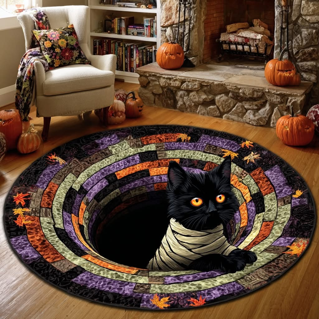 Black Cat Mummy Whiskers Halloween Quilted Round Mat Funny Abyss Hollow Whirl Circle Rug