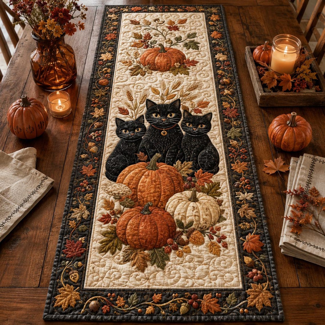 Black Cat Pumpkin Quilt Table Runner Halloween Dining Merch Gift For Spooky