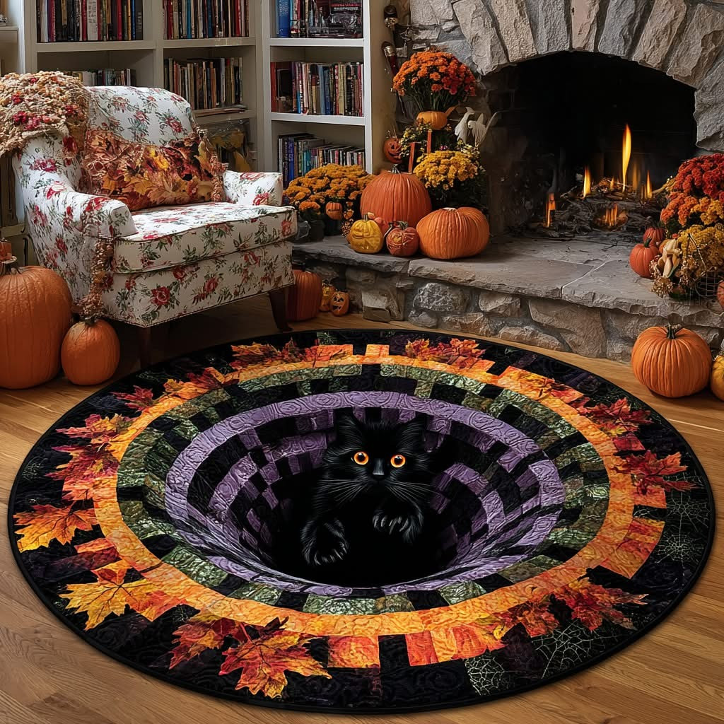 Black Cat Pumpkin Swirl Abyss Hollow Swirl Fall Quilted Round Mat Circle Rug Autumn Decor