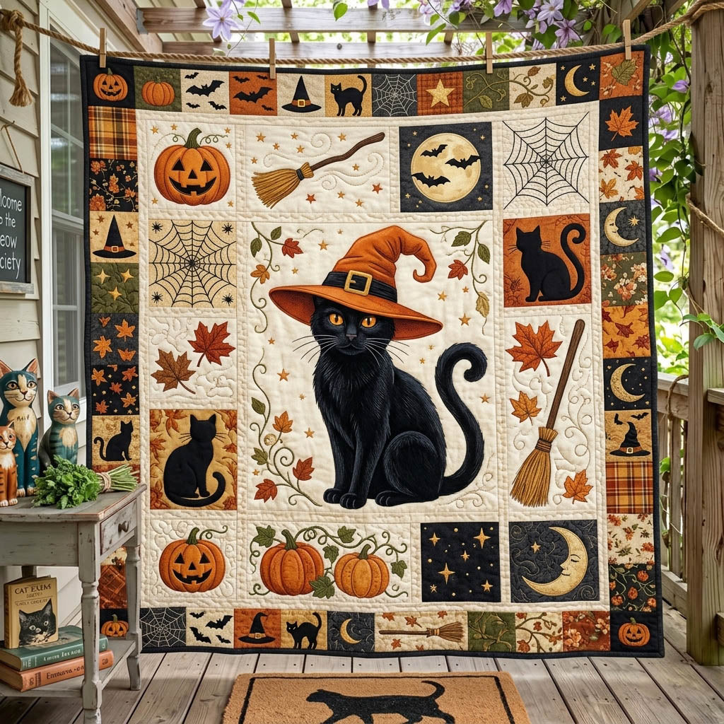 Black Cat Quilted Blanket Halloween Cats Ghost Merch Room Gift For Him