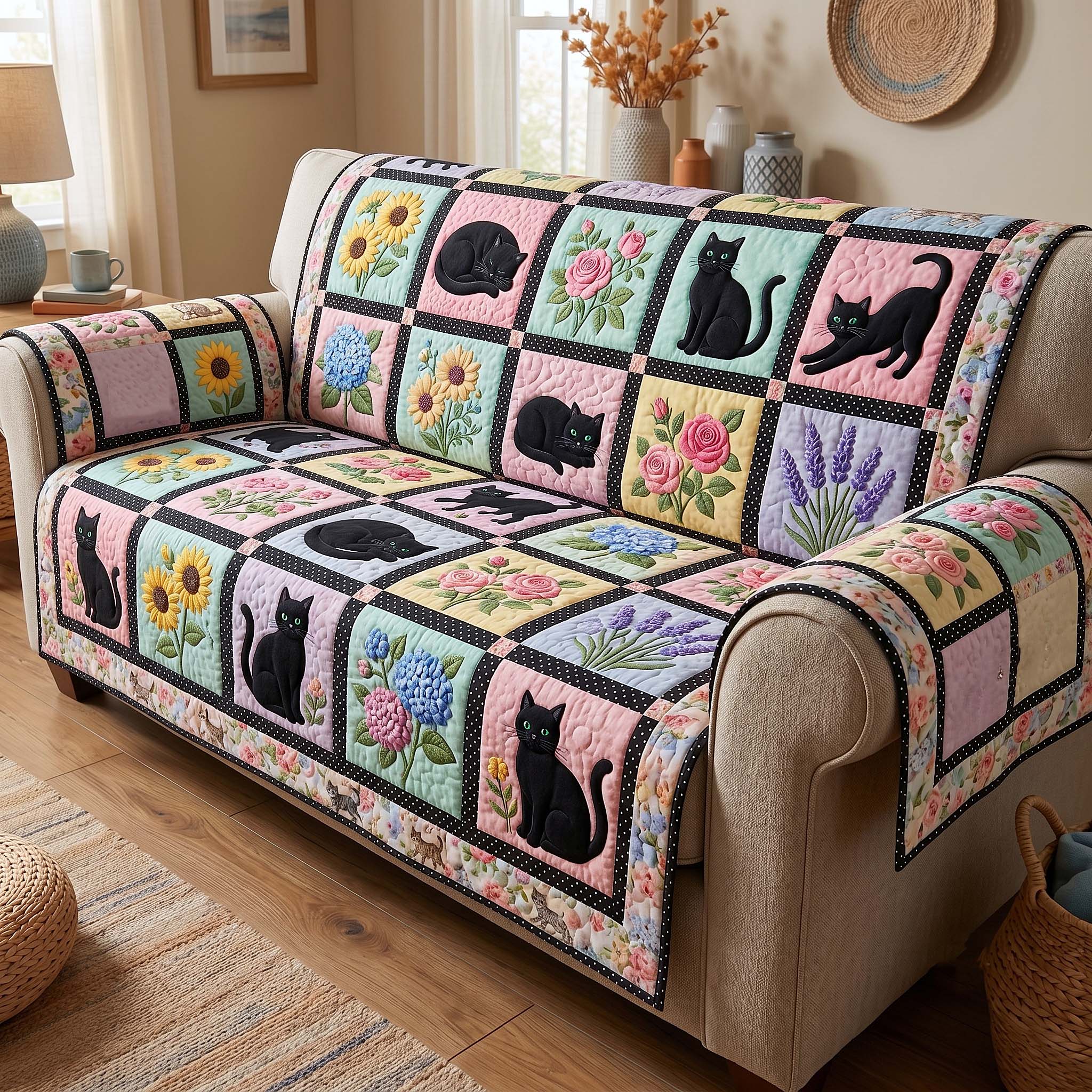 Black Cat Sweetheart Quilted Sofa Cover Cozy Black Couch Cover Cozy Living Gift Ideas