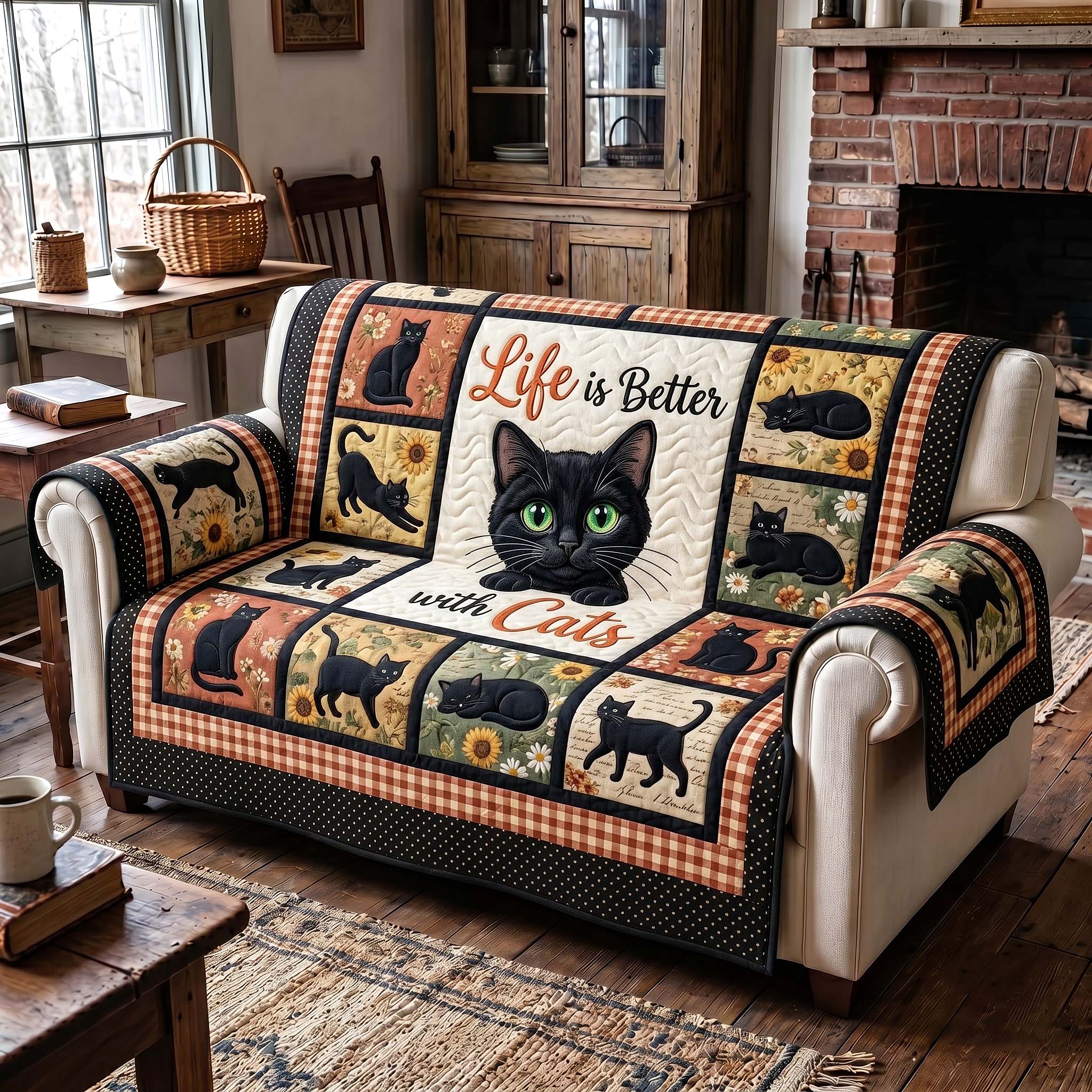 Black Cat Sweetheart Quilted Sofa Cover Rustic Black Couch Cover Unique Home Decor Finds