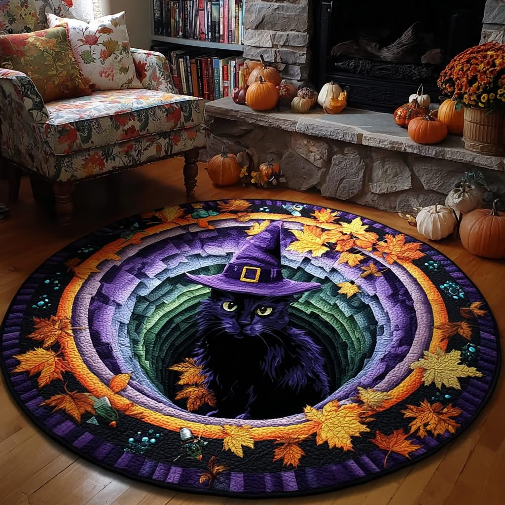 Black Cat Witch Halloween Quilted Round Mat Circle Rug Carpet Decorations Fall Themed Gifts