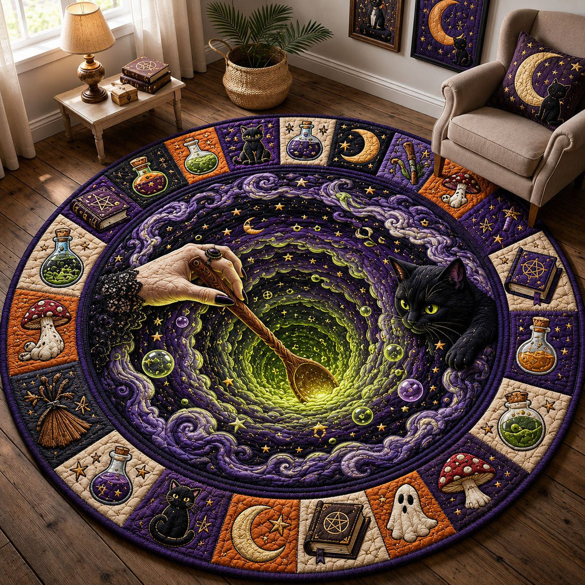 Black Cat Witches Cauldron Halloween Quilted Round Mat Black Cat Magic Round Rug Present Ideas