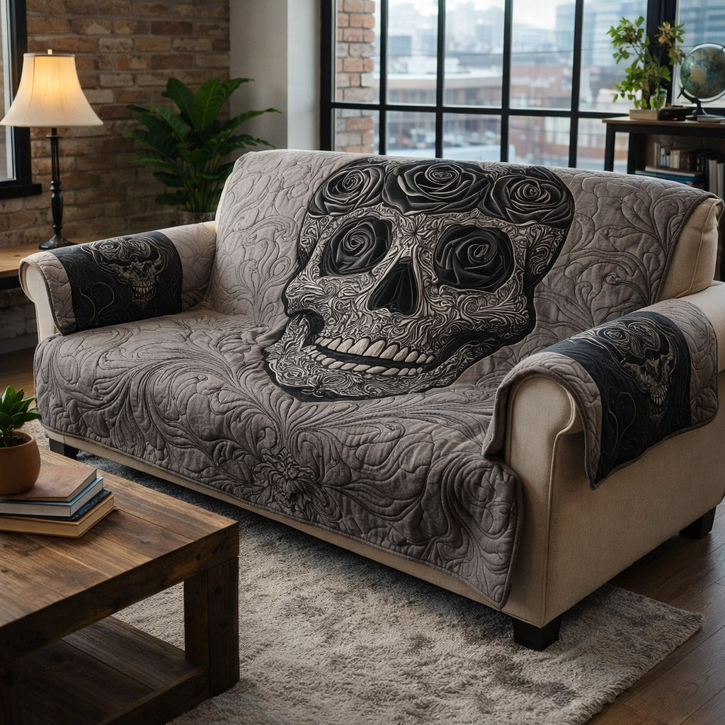 Black Rose Skull Quilted Sofa Cover Black Rose Couch Cover Cozy Gift