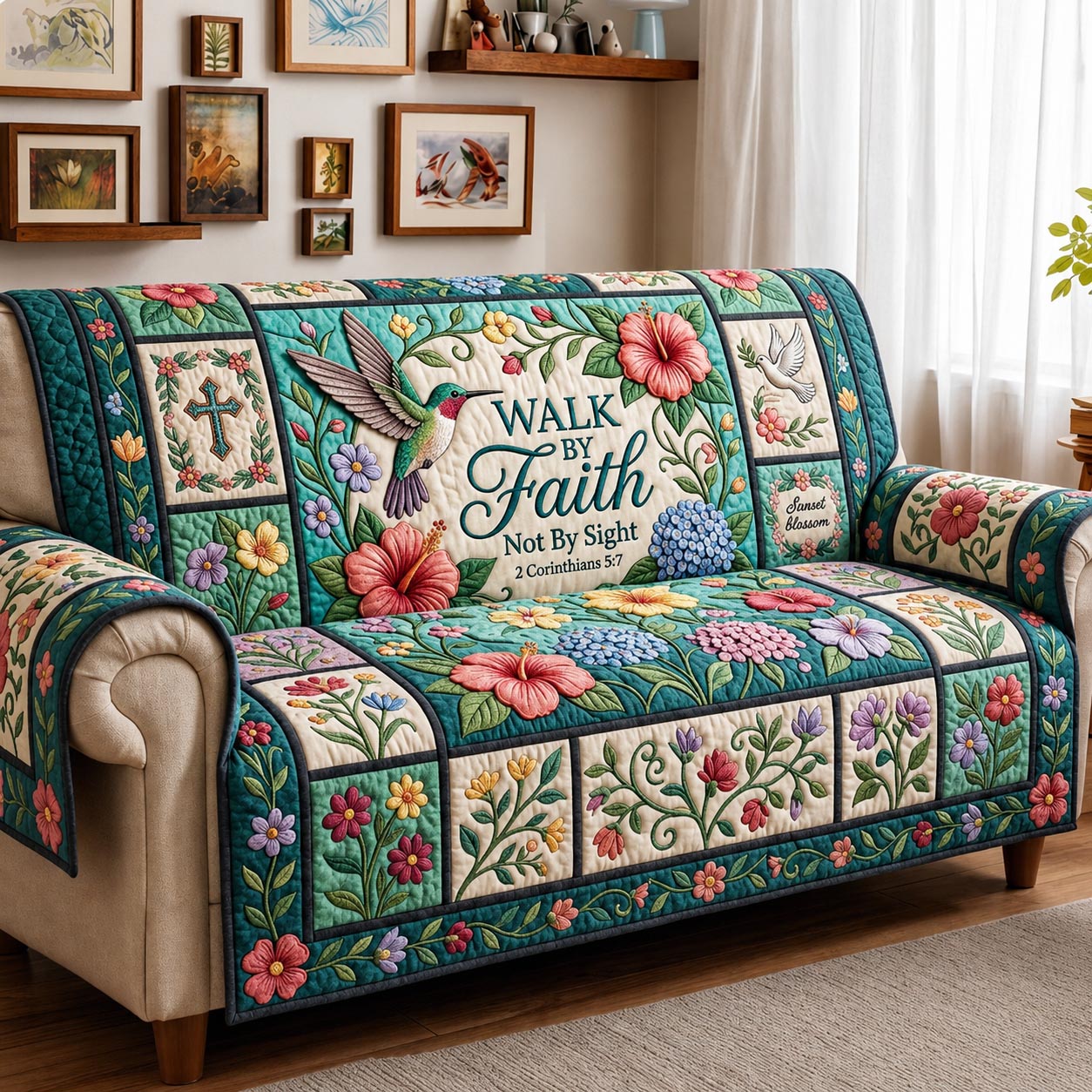 Blessed Blooms Quilted Sofa Cover Cozy Blessed Couch Cover Cute Gift